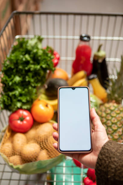 hand holding phone with white screen copy space in grocery shopping cart with fruits and vegetables stock photo