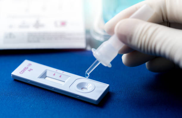 Hand holding sample tube and drops in the test device of covid 19 antigen self test. Antigen test kit for detection of coronavirus infection. Rapid antigen test. Coronavirus diagnosis. Medical device. stock photo