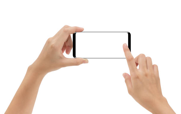 手拿著智慧手機，移動和觸控式螢幕在白色的背景下，cliping 路徑內孤立 - 橫向 個照片及圖片檔