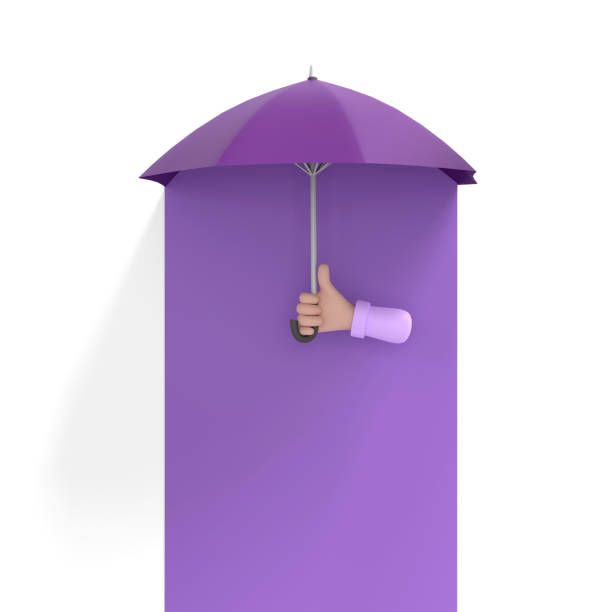 hand holding stylish purple umbrella on white background. stock photo