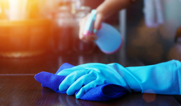 hand in blauwe rubberen handschoen met blauwe microvezel reinigingsdoek en spuitfles met steriliserende oplossing maken schoonmaken en desinfectie voor een goede hygiëne - besmettelijke ziekte stockfoto's en -beelden
