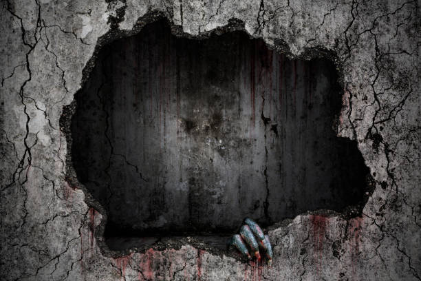 Hand of devil has stains and drops of blood and holding the damaged grungy crack and broken concrete wall in flooded sewer tunnel were abandoned, Bloody background scary and horror Hand of devil or killer has stains and drops of blood and holding the damaged grungy crack and broken concrete wall in flooded sewer tunnel were abandoned, Bloody background scary and horror monster fictional character photos stock pictures, royalty-free photos & images