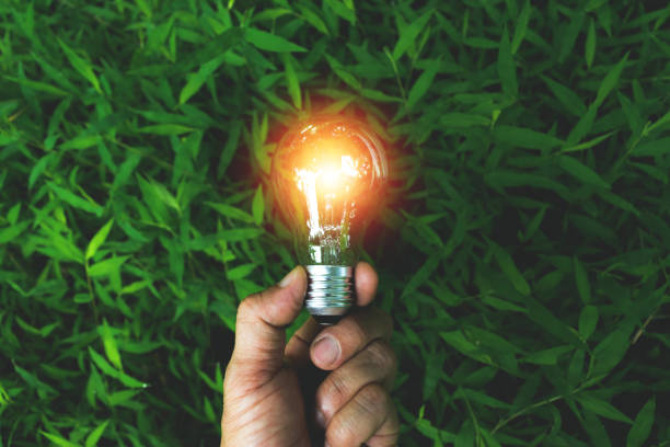 mano del titular de bombilla de luz sobre la hierba para solar, la energía, el concepto de idea. - energía sostenible fotografías e imágenes de stock