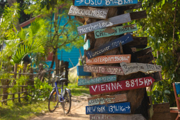 ręcznie malowane znaki kierunku drewna do różnych miast świata, laosu. - manchester united zdjęcia i obrazy z banku zdjęć