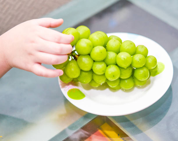 hand picks grape from plate on table stock photo