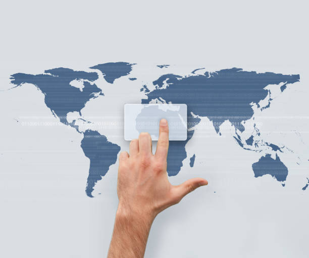 Hand pointing on digital box on blue digital world map