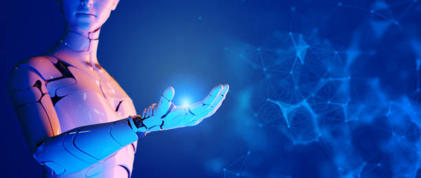 Hand posting 3D humanoid robot, future futuristic AI artificial intelligence industry automated digital world metaverse technology concept stock photo