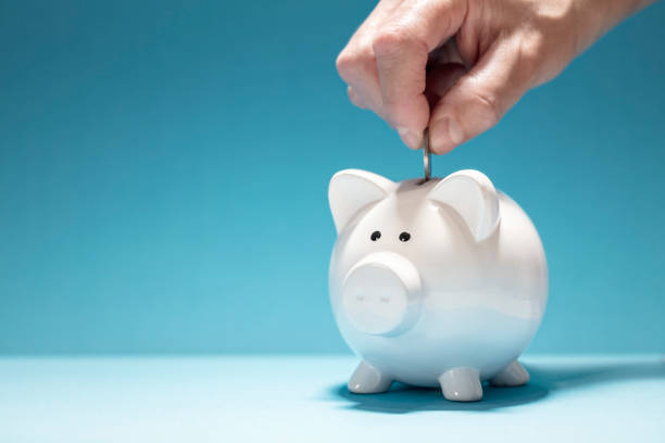Hand putting coin into white piggy bank on blue background stock photo