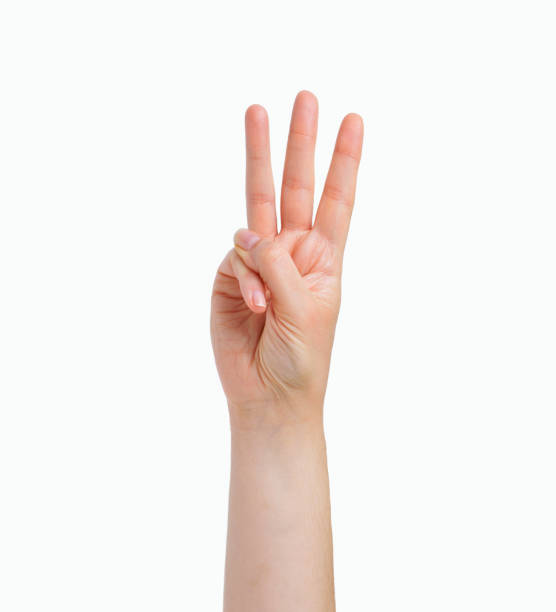 hand symbol Woman hand showing three fingers on a white isolated background human finger stock pictures, royalty-free photos & images
