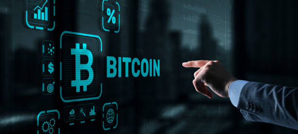 Hand touching Bitcoin button. Modern business technology concept. Bitcoin, Ethereum Hand touching Bitcoin button. Modern business technology concept. Bitcoin, Ethereum. With Ethereum stock pictures, royalty-free photos & images