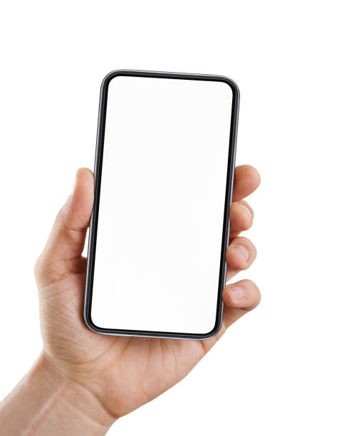 hand mit leerem smartphone auf weiß isoliert - man hand holding stock-fotos und bilder