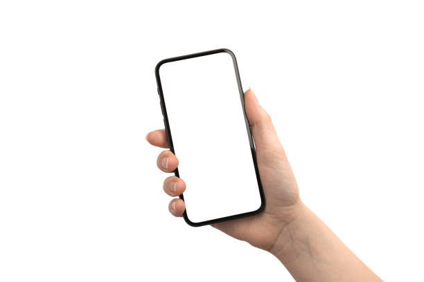 Hand with mobile phone mockup screen isolated on a white background Hand with mobile phone mockup screen isolated on a white background photo vlad model photos stock pictures, royalty-free photos & images