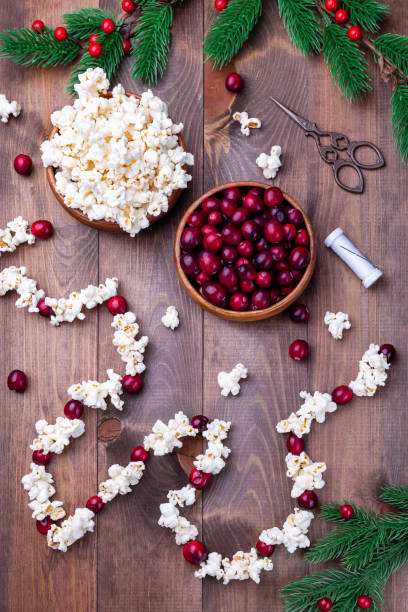 Handcrafted Christmas popcorn garland with red cranberries, zero waste DIY stock photo