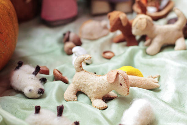 Handmade felted animals stock photo