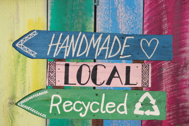 Handmade recycled and local signs Handmade recycled and local signs upcycling stock pictures, royalty-free photos & images