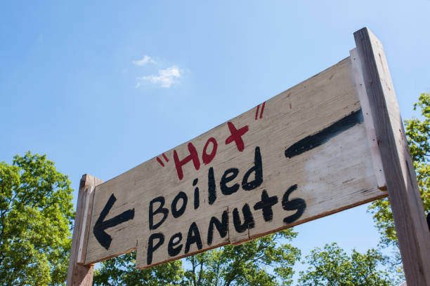 Handpainted Festival Sign Points Toward Sale Of Hot Boiled Peanuts Sign points toward the sale of hot boiled peanuts at an antique festival in Braselton, GA. boiled stock pictures, royalty-free photos & images