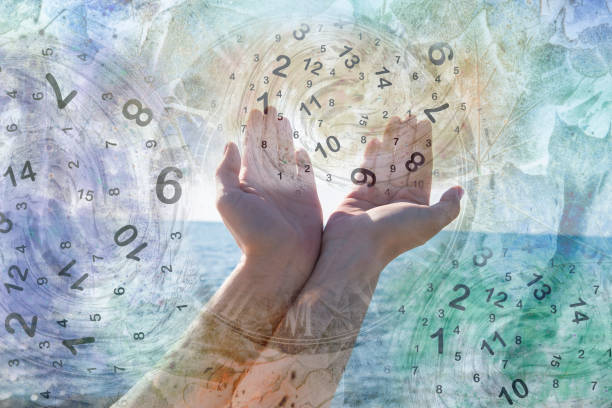 hands and magic caps with numbers, numerology - numerologia imagens e fotografias de stock