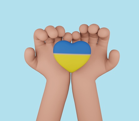 3D hands hold heart with print of Ukraine flag. Render illustration.