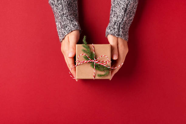 hands holding christmas gift box. - woman holding a christmas gift imagens e fotografias de stock