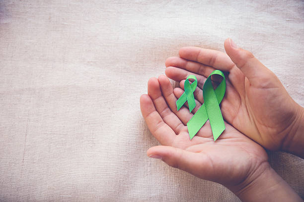 Hands holding Lime Green Ribbon on toing copy space background , Hands holding Lime Green Ribbon on toing copy space background ,Lyme disease, Mental health awareness mental health awareness stock pictures, royalty-free photos & images