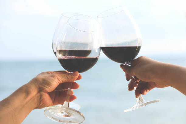hands holding red wine glasses on the beach stock photo
