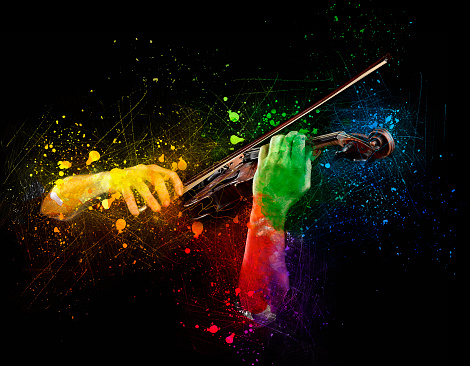 Hands playing  wooden violin on colored background