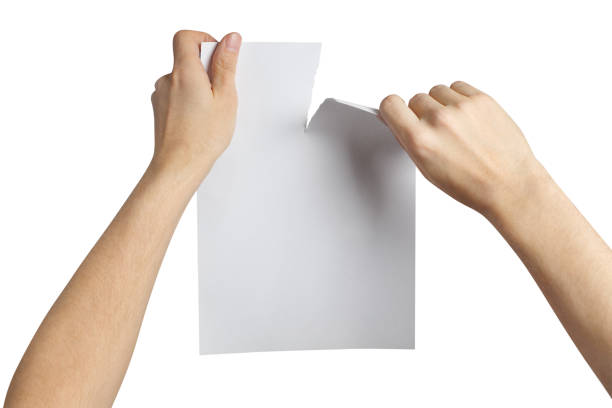Hands tearing a paper Hands tearing a sheet of white paper in half, isolated on white background rule breaker stock pictures, royalty-free photos & images