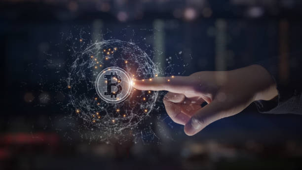 Hands touch bitcoin blockchain cryptocurrency digital encryption, Digital money exchange, Technology global network connections background concept. stock photo