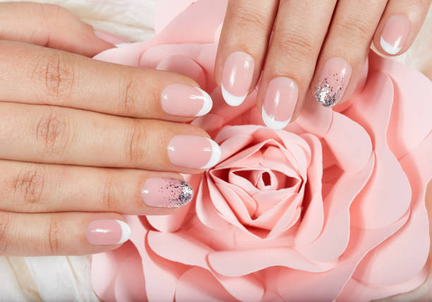 Hands with artificial french manicured nails Hands with artificial french manicured nails and pink rose flower gel nail polish stock pictures, royalty-free photos & images