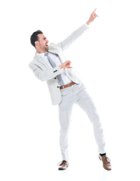 handsome businessman is excited and dancing - dancer white man on white imagens e fotografias de stock
