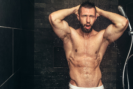 Handsome Naked Man Taking Shower Muscular Man Showering Handsome Naked Man Taking Shower Muscular Man Showering