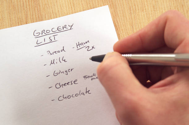 Handwritten grocery list on white note-paper, hand writing with pen stock photo