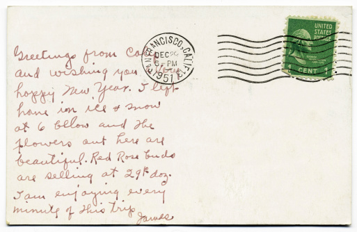 1951 handwritten postcard mailed from San Francisco, California with one cent George Washington stamp.