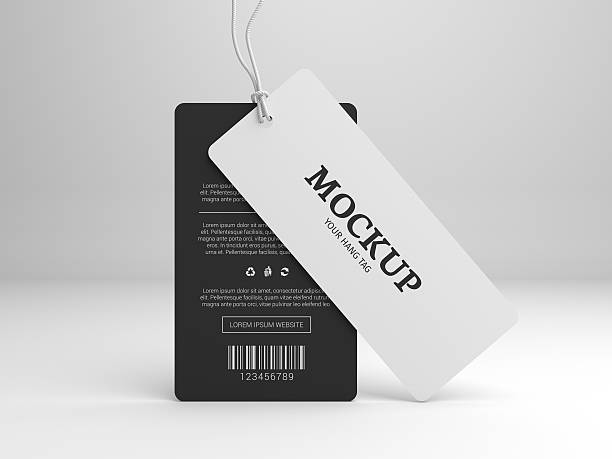 Hang tag 3D illustration mockup for branding label Hang tag mockup for branding label. Standing black and white tags. 3D illustration mock-up. labeling stock pictures, royalty-free photos & images