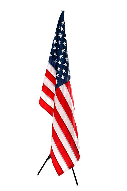 hanging american flag, isolated on white - hangen stockfoto's en -beelden