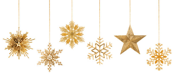 Hanging Golden Christmas Ornaments: Star and Snowflakes Snowflakes and Star Isolated on White Background Gold Ornament stock pictures, royalty-free photos & images