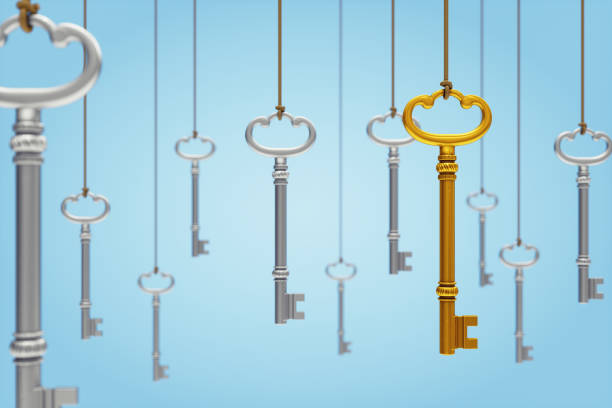 Hanging skeleton keys on light blue background.