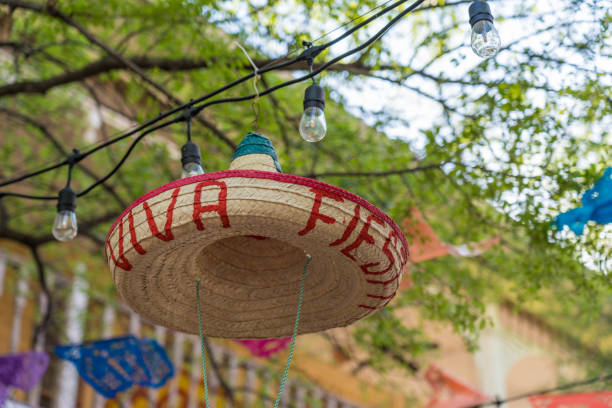 Hanging Sombrero with Festive Decoration Outdoors Close Up stock photo