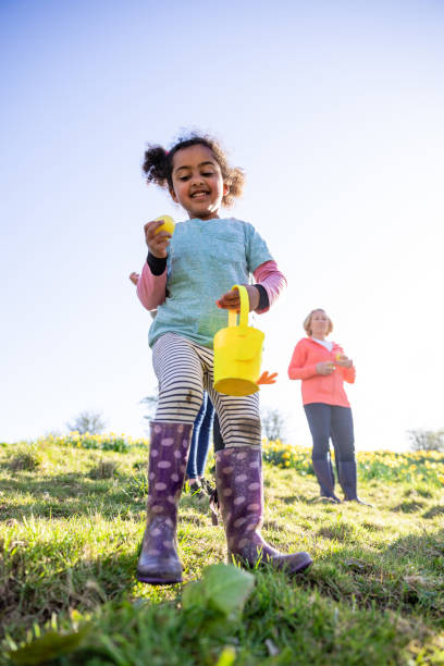 Happiness at Easter! A young girl standing in a field of daffodil flowers in Hexham, Northumberland. She is searching for eggs on an Easter egg hunt, she is holding her basket to collect the eggs. easter sunday stock pictures, royalty-free photos & images