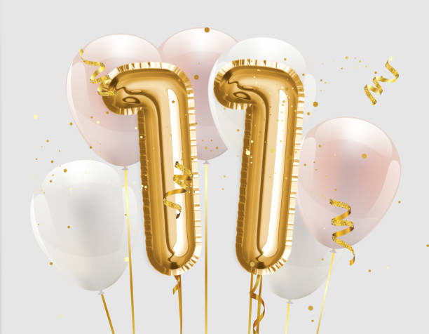 Happy 11th birthday gold foil balloon greeting background. Happy 11th birthday gold foil balloon greeting background. 11 years anniversary logo template- 11th celebrating with confetti. "illustration 3D" number 11 stock pictures, royalty-free photos & images