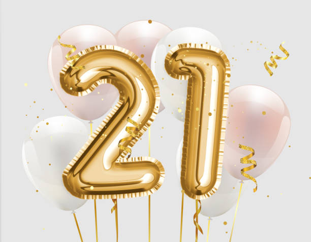 счастливый 21-й день рождения золотая фольга шар приветствие фон. 21-летний шаблон логотипа - 21-е празднование с конфетти. - 20 24 года стоковые фото и изображения