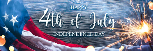 "Happy 4th Of July Independence Day" 4th Of July - American Flag With Sparkler And Smoke On Wooden Background With Words "Happy 4th Of July Independence Day" happy 4th of july stock pictures, royalty-free photos & images