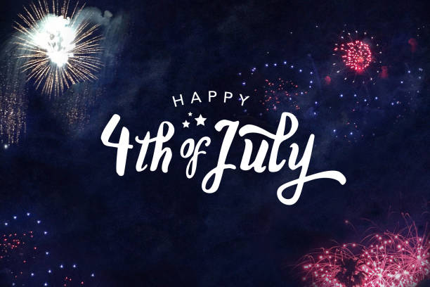 Happy 4th of July Typography Happy 4th of July Typography with Fireworks in Night Sky fourth of july fireworks stock pictures, royalty-free photos & images