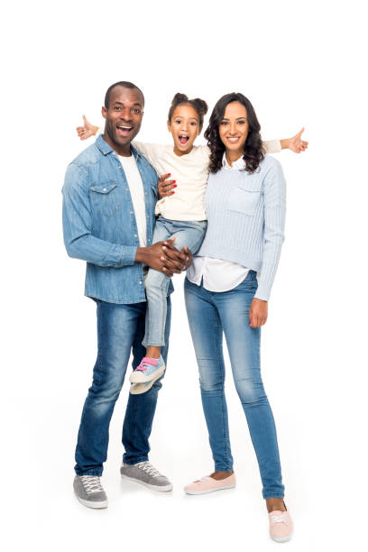 happy african american family happy parents carrying cute african american girl showing thumbs up isolated on white excitement photos stock pictures, royalty-free photos & images