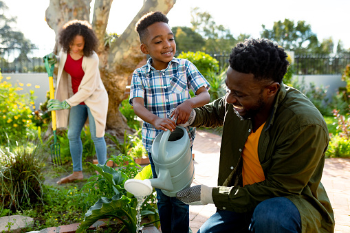 Happy african american father and son watering plants together. family time, having fun together at home and garden.