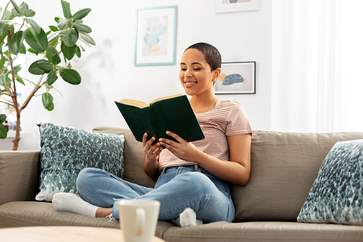 people and leisure concept - happy smiling african american woman sitting on sofa and reading book at home
