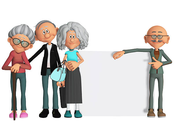 happy and motivated old people with placard 3d stock photo