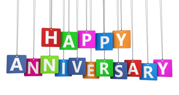 Happy Anniversary Happy anniversary sign on colorful paper tags 3D illustration isolated on white background. wedding anniversary stock pictures, royalty-free photos & images