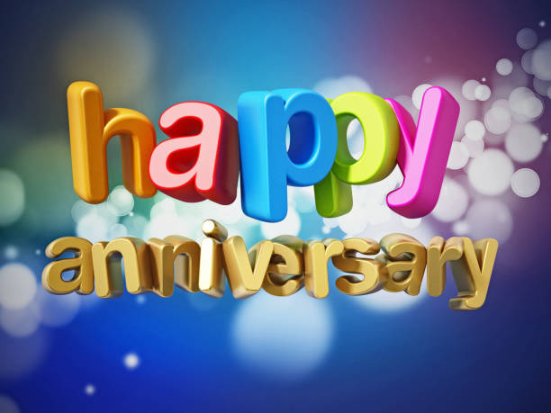 Happy anniversary text with multi colored letters on abstract background.