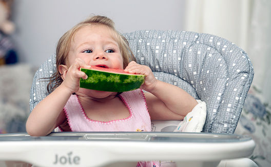 Happy Baby Girl Eating Watermelon In High Chair Stock Photo Download Image Now Istock